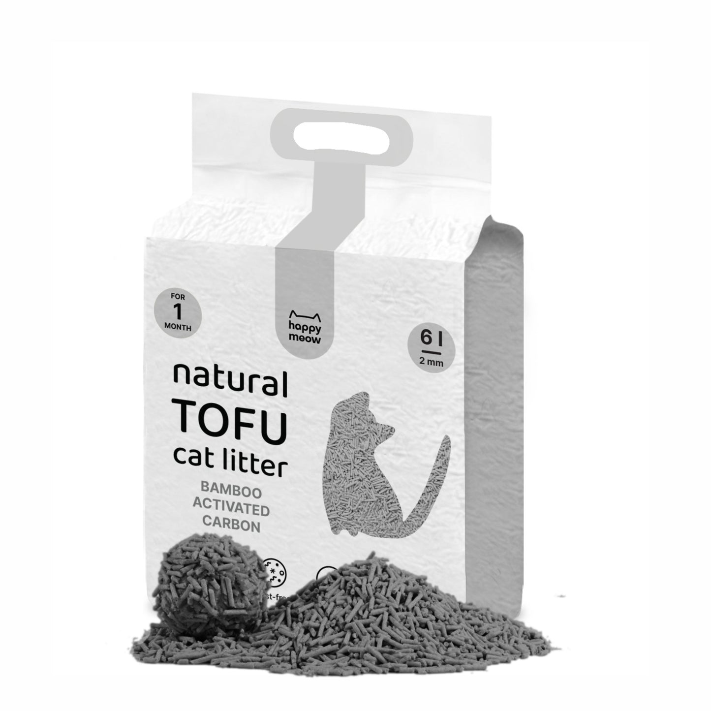 HAPPY MEOW AREIA TOFU AGLOMERANTE PARA GATO Carvão Ativado 2mm 6l