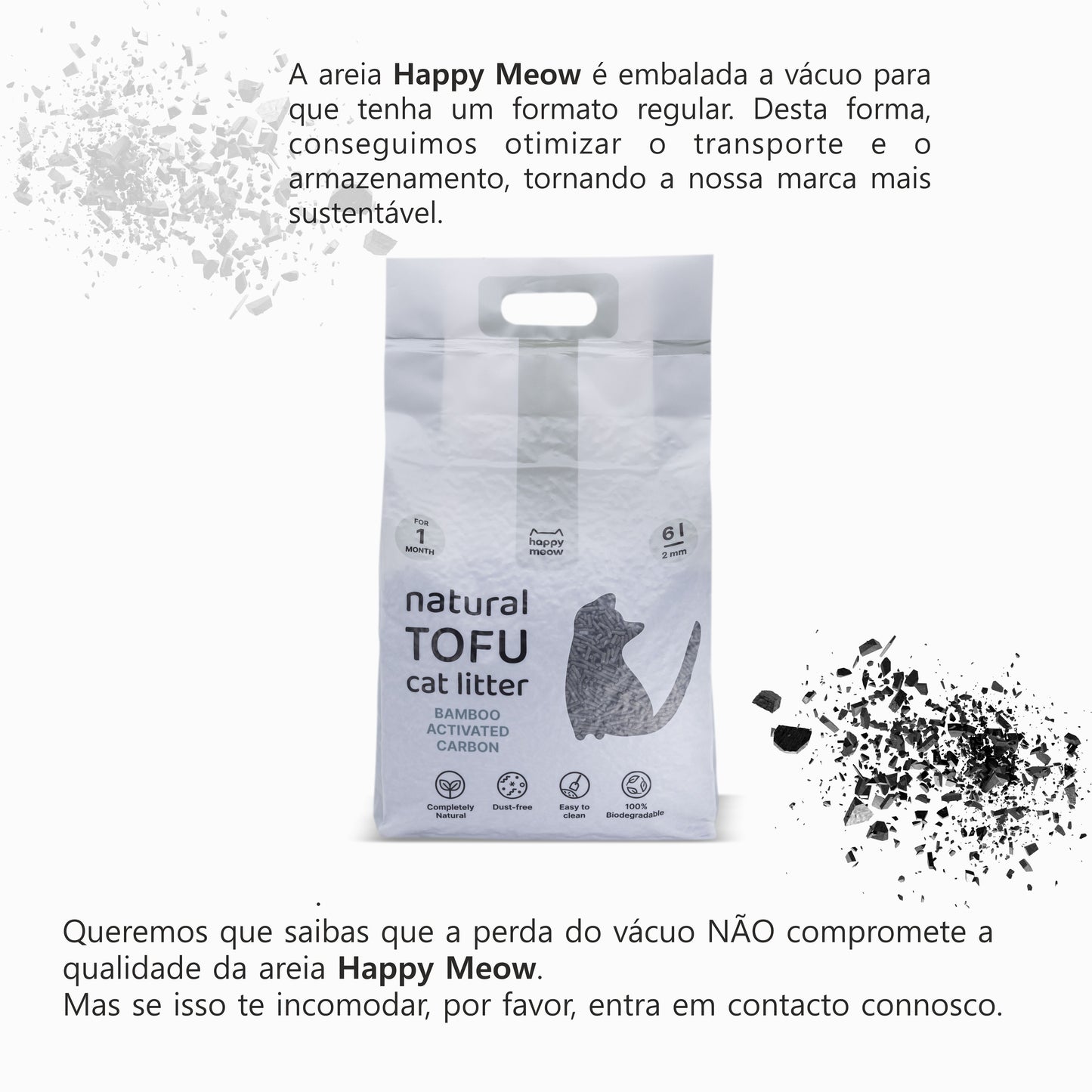 HAPPY MEOW AREIA TOFU AGLOMERANTE PARA GATO Carvão Ativado 2mm 6l