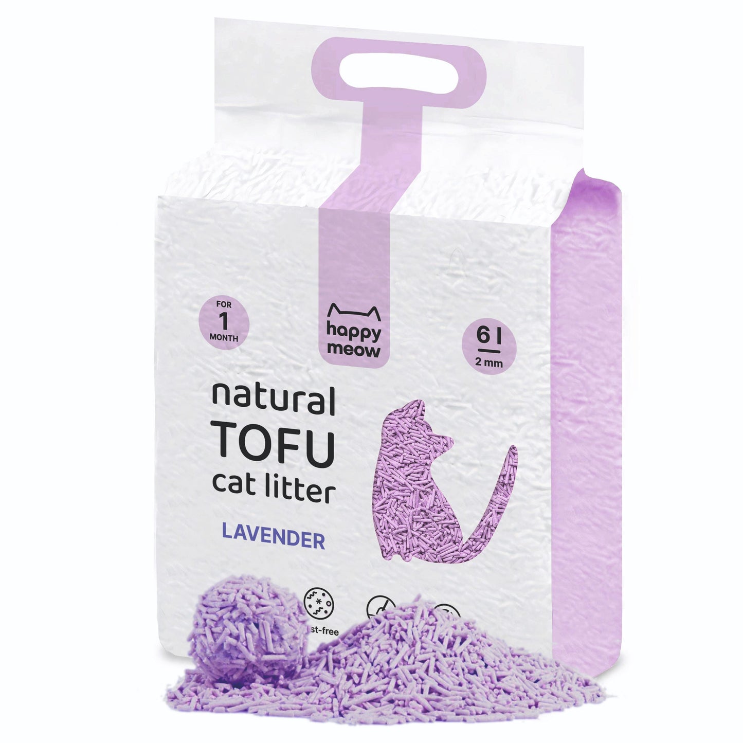 HAPPY MEOW AREIA TOFU AGLOMERANTE PARA GATO Lavanda 2mm 6L