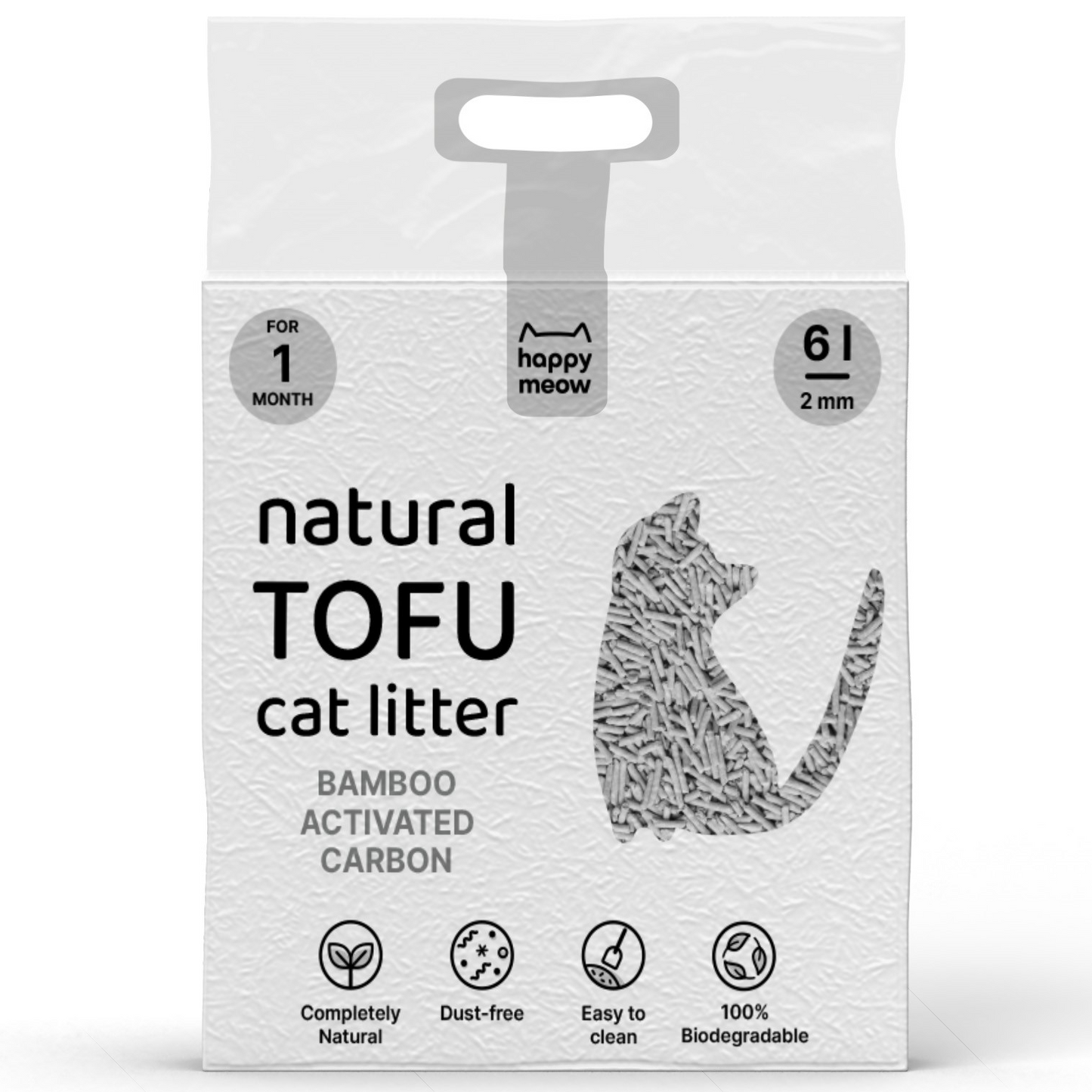 HAPPY MEOW AREIA TOFU AGLOMERANTE PARA GATO Carvão Ativado 2mm 6l